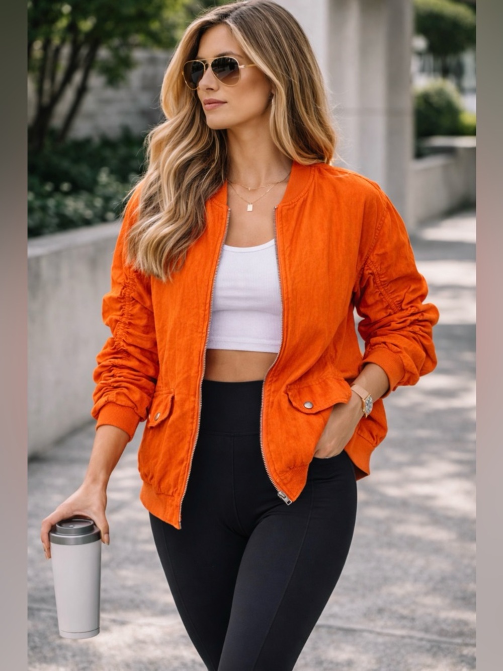FREE PEOPLE ORANGE LINEN RUCHED BOMBER JACKET ZIP UP LIGHTWEIGHT LINED MEDIUM